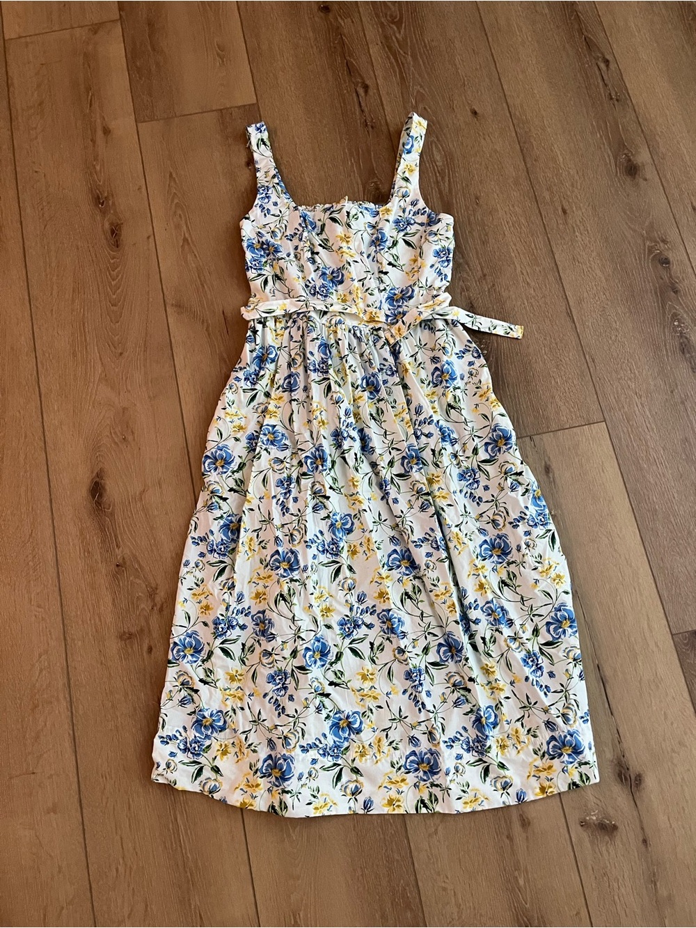 Free Assembly Sleeveless White Midi Dress with Blue & Yellow Floral Print